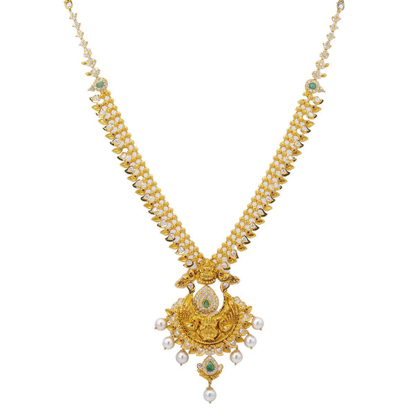 An image of the 22K gold necklace with emeralds, pearls, and diamonds from Virani Jewelers. | Stand out from the crowd with this gorgeous 22K gold necklace set from Virani Jewelers!

Features...