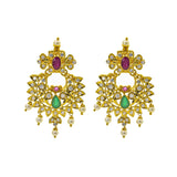 An image of the Bhavna 22K gold earrings with pearl, CZ gemstone, ruby, and emerald embellishments from Virani Jewelers. | Be the most beautiful person in the room with this gorgeous 22K gold necklace set from Virani Jew...