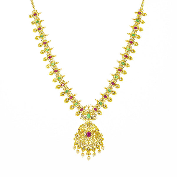 An image of the Bhavna 22K gold necklace from Virani Jewelers. | Be the most beautiful person in the room with this gorgeous 22K gold necklace set from Virani Jew...