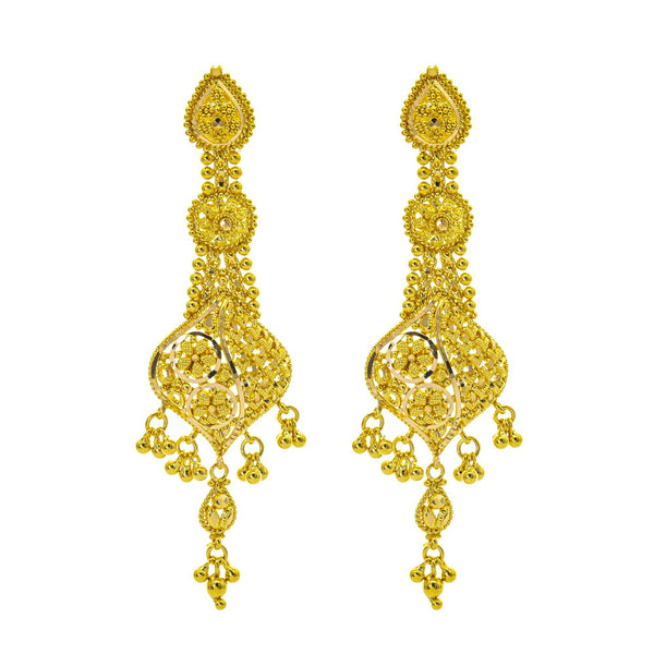 A close up image of the 22K gold earrings in the Sophia Beaded necklace set from Virani Jewelers. | Look stunning for any and every occasion with this show-stopping 22K gold necklace set from Viran...