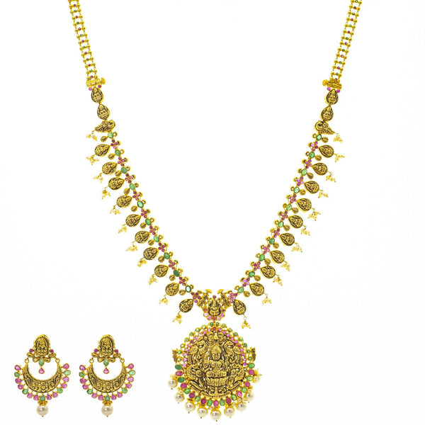 An image of the Anvi Antique Laxmi 22K gold necklace set from Virani Jewelers. | Show off your style and culture on special occasions with this stunning 22K gold necklace set fro...