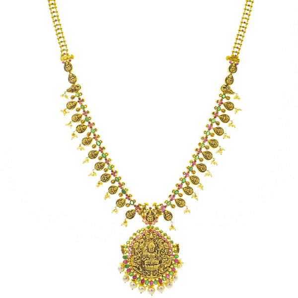 An image of the 22K gold necklace with ruby and emerald embellishments from Virani Jewelers. | Show off your style and culture on special occasions with this stunning 22K gold necklace set fro...