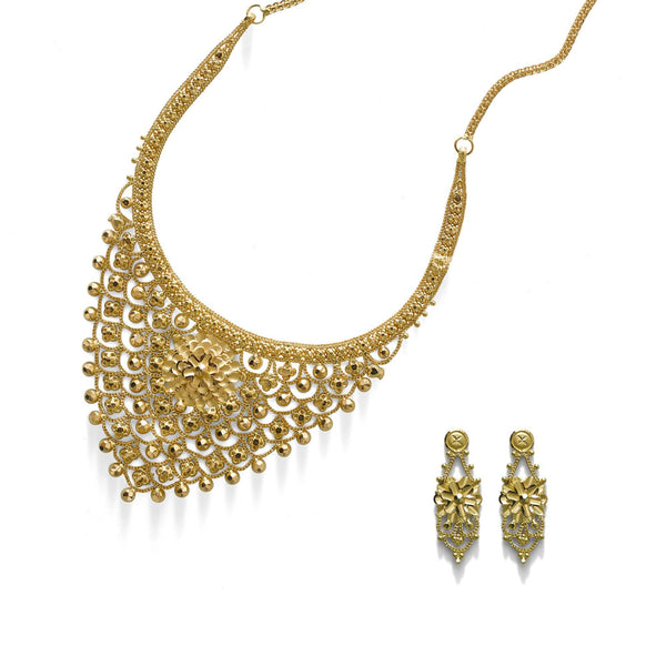 22K Yellow Gold Necklace & Earrings Set W/ Pointed Bib & Faceted Flower Decal | Looking for unique and gorgeous accessories to complete your traditional and formal attire? This ...