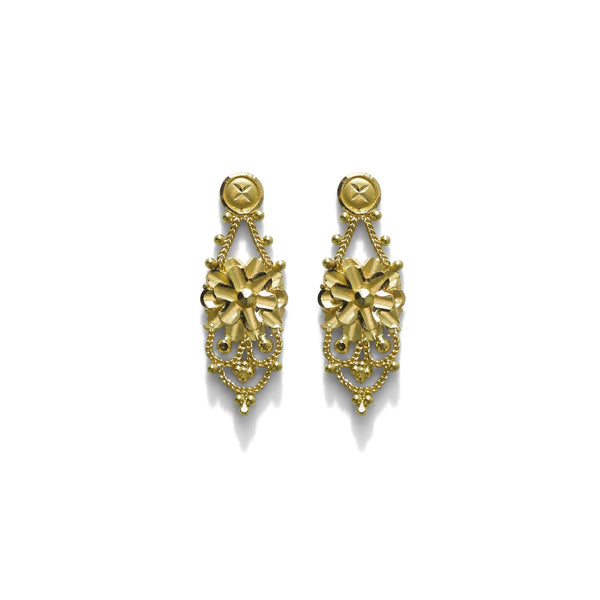 An image of a pair of 22K gold earrings with large flower decals crafted by Virani Jewelerscrafted by Virani Jewelers | Looking for unique and gorgeous accessories to complete your traditional and formal attire? This ...