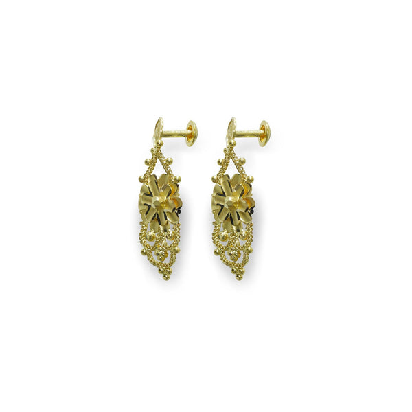A side view of a pair of gold Indian earrings from Virani Jewelers | Looking for unique and gorgeous accessories to complete your traditional and formal attire? This ...