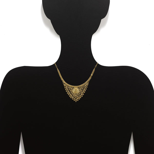An image of a figure wearing 22K yellow gold Indian necklace from Virani Jewelers | Looking for unique and gorgeous accessories to complete your traditional and formal attire? This ...