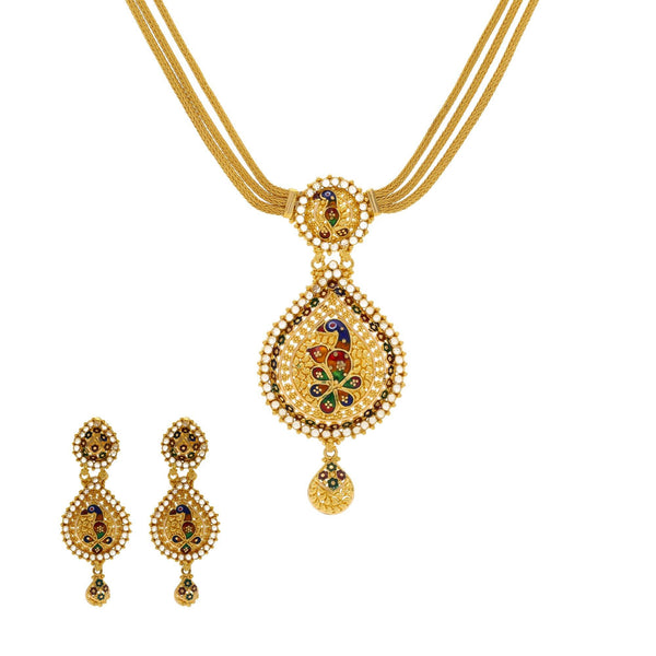 22K Patterned Yellow Gold CZ Necklace with Earrings Set - Virani Jewelers | 


This paisley-patterned gold necklace is a real stunner! This beautiful and unique 22K yellow g...