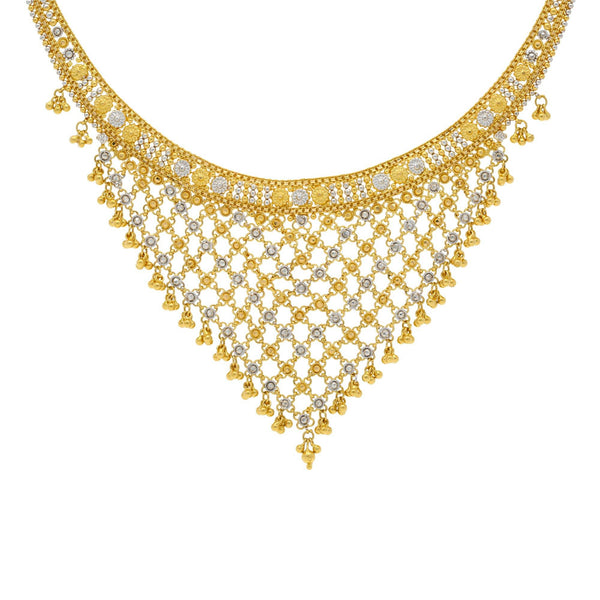 22K Yellow Gold Necklace with Temple shaped Earrings Set - Virani Jewelers | 


Class and elegance are what this dainty gold necklace exudes! Wear this V-Shape patterned 22K ...