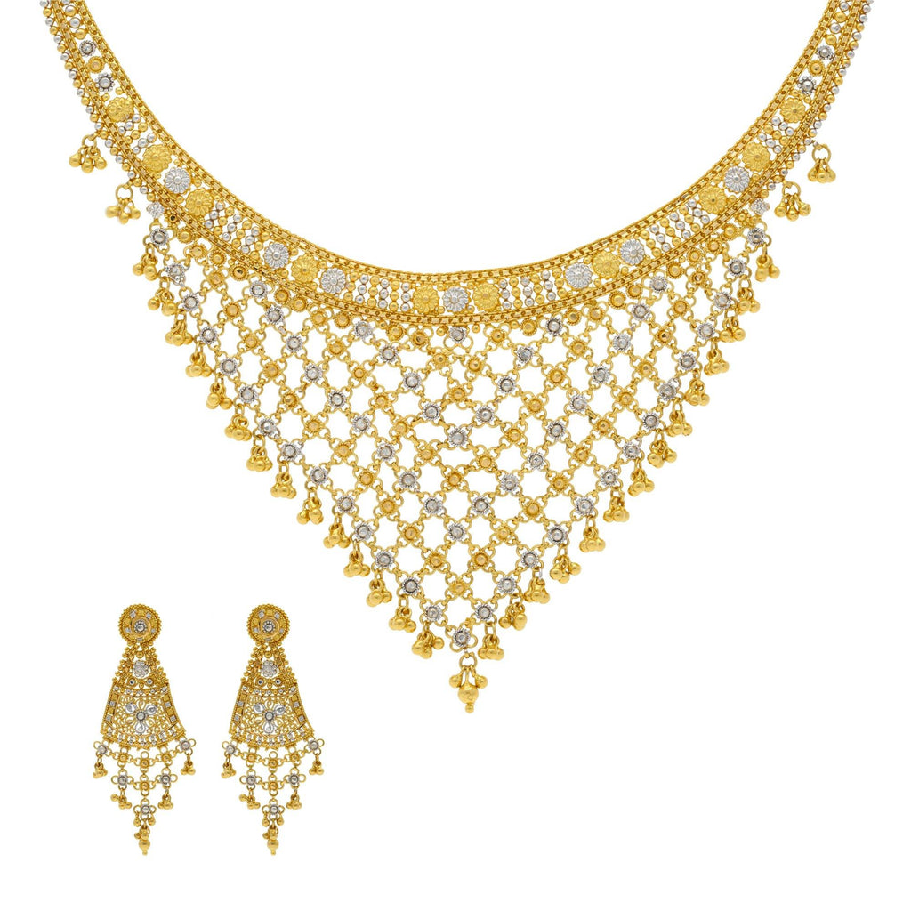 22K Yellow Gold Necklace with Temple shaped Earrings Set - Virani Jewelers | 


Class and elegance are what this dainty gold necklace exudes! Wear this V-Shape patterned 22K ...