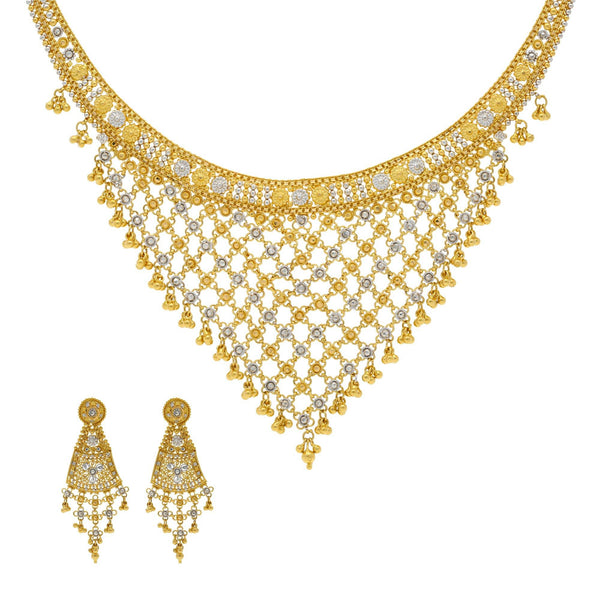 22K Yellow Gold Necklace with Temple shaped Earrings Set - Virani Jewelers | 


Class and elegance are what this dainty gold necklace exudes! Wear this V-Shape patterned 22K ...