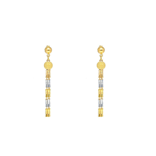 An image of a pair of 22K gold Indian earrings crafted by Virani Jewelers | This 22K yellow and white gold set from Virani Jewelers is an exquisite way to complement any for...
