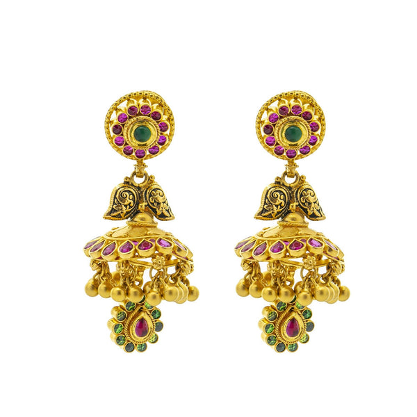 A close-up image of the details on the 22K gold earrings with emeralds, rubies, and uncut diamonds from Virani Jewelers. | Discover a 22K gold necklace set that is truly one-of-a-kind at Virani Jewelers!

Features a trad...