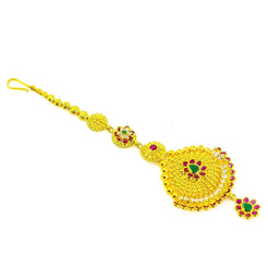 22K Yellow Gold Tikka W/ Rubies, Emeralds & CZ Gems on Pendant of Gold Ball Design - Virani Jewelers