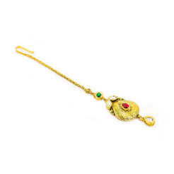 22K Yellow Gold Tikka W/ Kundan & Lightly Etched Teardrop Pendant - Virani Jewelers