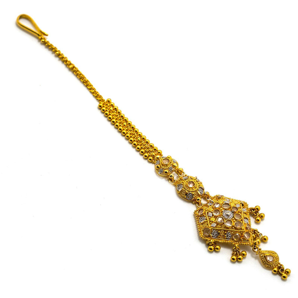 22K Multi Tone Gold Tikka W/ Hanging Ball Accents & Diamond Shaped Pendant - Virani Jewelers |  22K Multi Tone Gold Tikka W/ Hanging Ball Accents & Diamond Shaped Pendant for women. This b...
