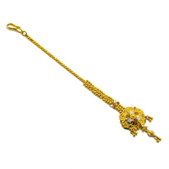 22K Multi Tone Gold Tikka W/ Meenakari Hand Paint & Double Flower Pendant - Virani Jewelers