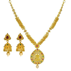 22K Yellow Gold Uncut Diamond Temple Necklace Set W/ 6.46ct Uncut Diamonds, Rubies, Emeralds, Pearls & Laxmi Pendants - Virani Jewelers