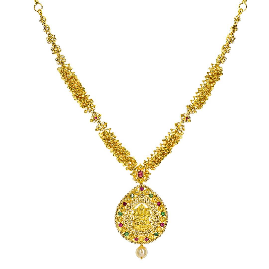 22K Yellow Gold Uncut Diamond Temple Necklace Set w 6.46ct Uncut Diamonds Rubies Emeralds Pearls Laxmi Pendants