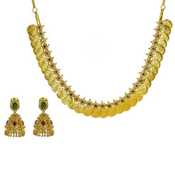22K Yellow Gold Uncut Diamond Laxmi Necklace Set W/ 6.6ct Uncut Diamonds, Rubies, Emeralds, & Laxmi Kasu - Virani Jewelers