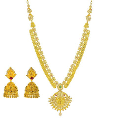 22K Yellow Gold Uncut Diamond Laxmi Necklace Set W/ 22.74ct Uncut Diamonds, Rubies, Emeralds, Pearls & Laxmi Kasu - Virani Jewelers