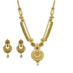 22K Yellow Gold Uncut Diamond Antique Temple Necklace Set W/ 33.95ct Uncut Diamonds, Rubies, Emeralds & Drop Pearls - Virani Jewelers