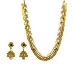22K Yellow Gold Uncut Diamond laxmi Necklace Set W/ 11.94ct Uncut Diamonds, Rubies, Emeralds, Pearls & Laxmi Kasu - Virani Jewelers