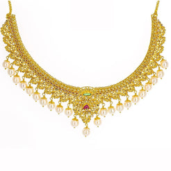 22K Yellow Gold Uncut Diamond Necklace W/16.8ct Uncut Diamonds, Rubies, Emeralds & Drop Pearls - Virani Jewelers