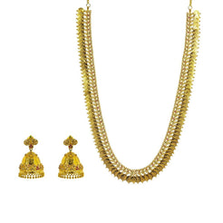 22K Yellow Gold Uncut Diamond Laxmi Necklace & Jhumki Earrings Set W/ 9.5ct Uncut Diamonds, Emeralds & Rubies - Virani Jewelers