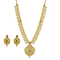 22K Yellow Gold Uncut Diamond Necklace & Earrings Mango Set W/ 21.9ct Uncut Diamonds, Emeralds, Rubies & Pearls - Virani Jewelers