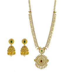 22K Yellow Gold Uncut Diamond Necklace & Earring Set W/ 45.44ct Uncut Diamonds, Rubies, Emeralds & Drop Pearls - Virani Jewelers
