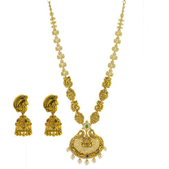 22K Yellow Gold Uncut Diamond Laxmi Necklace & Jhumki Earrings Set W/ 12.05ct Uncut Diamonds, Rubies, Emeralds & Drop Pearls - Virani Jewelers