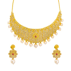 22K Yellow Gold Uncut Diamond Necklace & Earrings Set W/ Rubies, Pearls & Clustered Flowers on Choker Necklace - Virani Jewelers