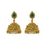An image of the Jhumka-style 22K gold earrings with emeralds and uncut diamonds from Virani Jewelers.