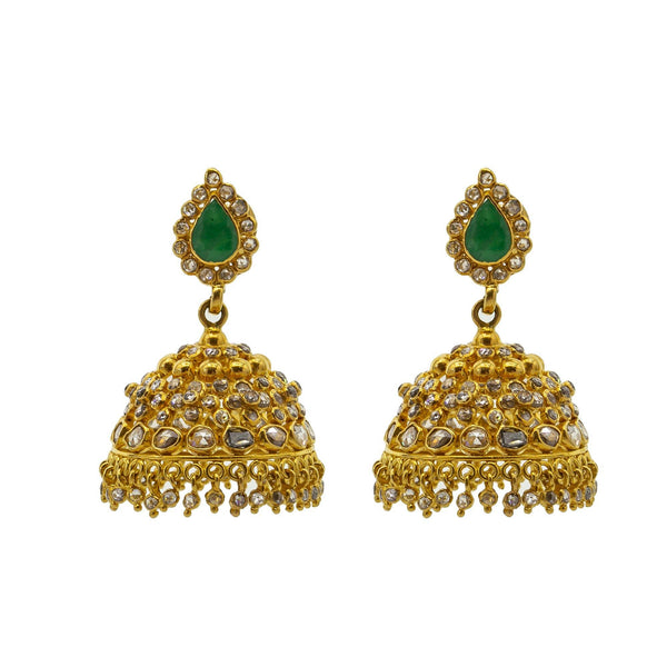 An image of the Jhumka-style 22K gold earrings with emeralds and uncut diamonds from Virani Jewelers. | Fall in love with the traditional style of this 22K gold necklace set from Virani Jewelers!

Embe...