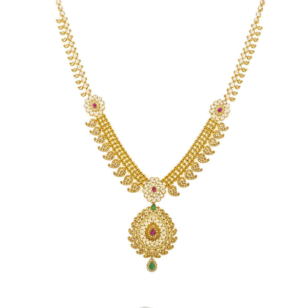 An image of the Anika Laxmi 22K gold necklace from Virani Jewelers. | Fall in love with the traditional style of this 22K gold necklace set from Virani Jewelers!

Embe...