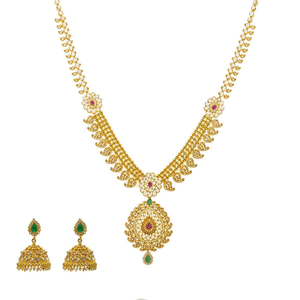 An image of the Anika Laxmi 22K gold necklace set with uncut diamonds from Virani Jewelers. | Fall in love with the traditional style of this 22K gold necklace set from Virani Jewelers!

Embe...