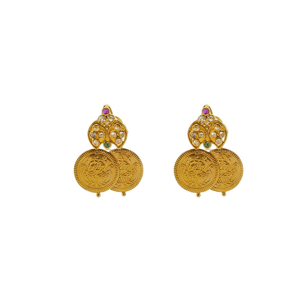 An image of the Laxmi 22K gold earrings with uncut diamonds from Virani Jewelers. | Celebrate elegant simplicity with this stunning 22K gold necklace set from Virani Jewelers!

Embe...