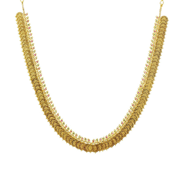 An image of the Laxmi 22K gold necklace from Virani Jewelers. | Celebrate elegant simplicity with this stunning 22K gold necklace set from Virani Jewelers!

Embe...