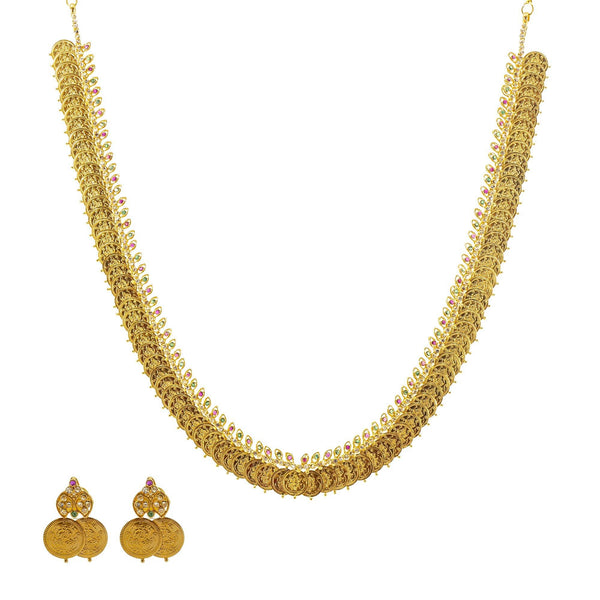 An image of the Laxmi 22K gold necklace set with uncut diamonds from Virani Jewelers. | Celebrate elegant simplicity with this stunning 22K gold necklace set from Virani Jewelers!

Embe...