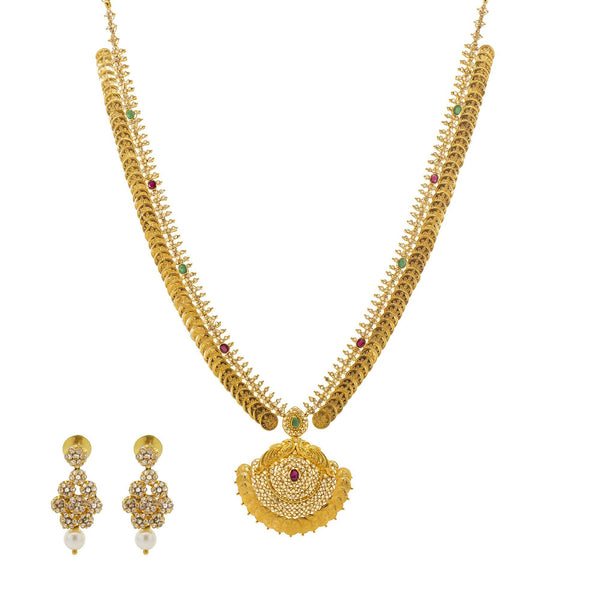 An image of the Arunima Mangalsutra 22K gold necklace set from Virani Jewelers. | Turn heads with this stunning 22K gold necklace from Virani Jewelers!

Featuring a classic Indian...