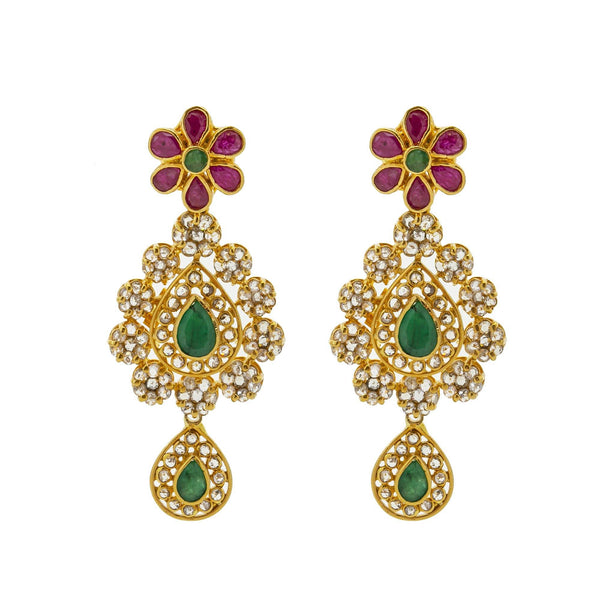 An imag eof the 22K gold earrings with emeralds, rubies, and uncut diamonds from Virani Jewelers. | Look and feel like royalty with this stunning 22K gold necklace set from Virani Jewelers!

Embell...