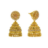 An image of the front and side of the 22K gold earrings from Virani Jewelers. | Take your traditional outfits to the next level with this 22K gold necklace set from Virani Jewel...