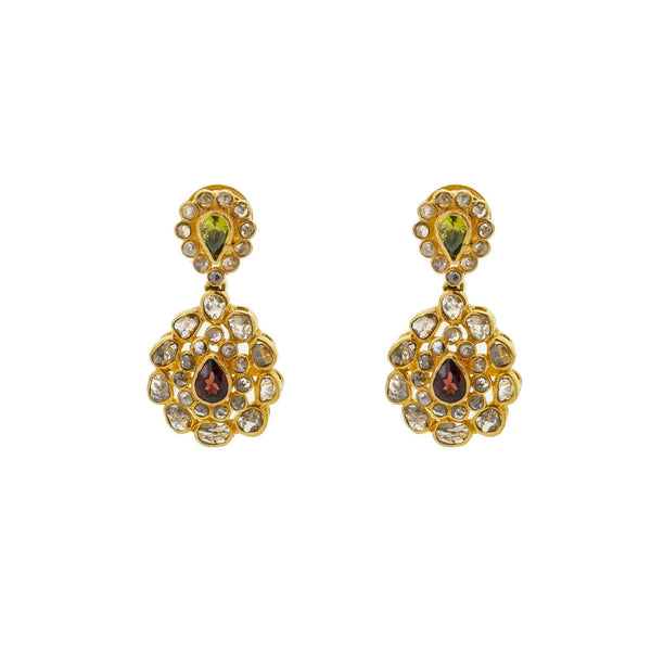 A close-up image of the 22K gold earrings with emeralds, rubies, and uncut diamonds from Virani Jewelers. | Show off the best version of yourself with help from this beautiful 22K gold necklace set from Vi...