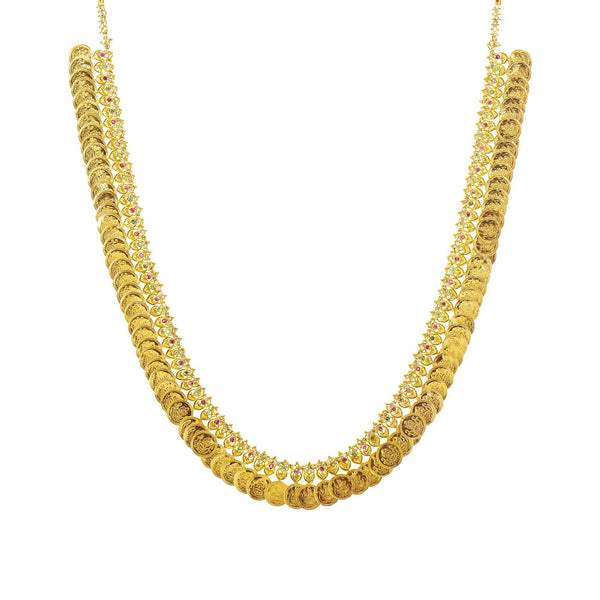 An image of the 22K gold necklace with a coin design from Virani Jewelers. | Show off the best version of yourself with help from this beautiful 22K gold necklace set from Vi...