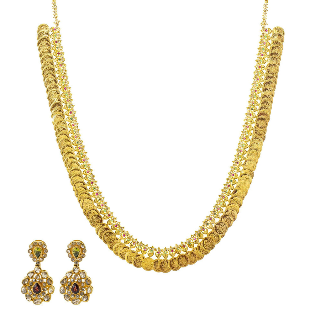 An image of the 22K gold necklace set with a coin design from Virani Jewelers. | Show off the best version of yourself with help from this beautiful 22K gold necklace set from Vi...