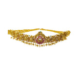 22K Yellow Gold Peacock Vaddanam Waist Belt W/ Emeralds, Rubies, Pearls & Detachable Centerpiece - Virani Jewelers | Add movement and luxury to your most festive looks with Vaddanam waist belts. This 22K yellow gol...