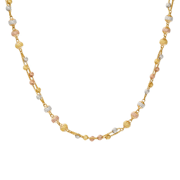 22K Multi-Tone Gold Beaded Chain (33gm) | 
This 22k Indian gold chain has a decadent assortment of engraved yellow, white, and rose gold be...
