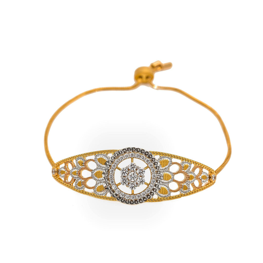 22K Multi Tone Gold Bracelet W/ CZ Gems, Wheel Spoke Design & Drawstring Closure - Virani Jewelers | Be uniquely stylish in this beautiful 22K multi tone gold women’s bracelet from Virani Jewelers! ...