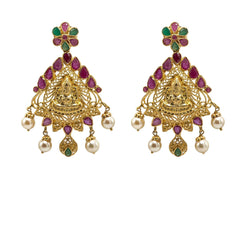 22K Yellow Gold Earrings W/ Rubies, Emeralds, Pearls & Engraved Laxmi Pendant - Virani Jewelers