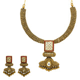 22K Yellow Gold Temple Necklace & Earring Set W/ Kundan & Rubies on Jewelled Double Drop Square Pendant - Virani Jewelers |  22K Yellow Gold Temple Necklace & Earring Set W/ Kundan & Rubies on Jewelled Double Drop...